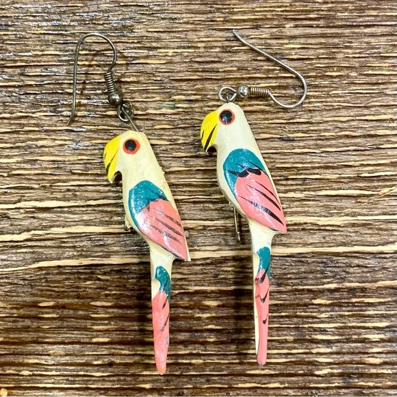 Vintage Parrot Earrings Handmade Wood - Picture 4 of 11